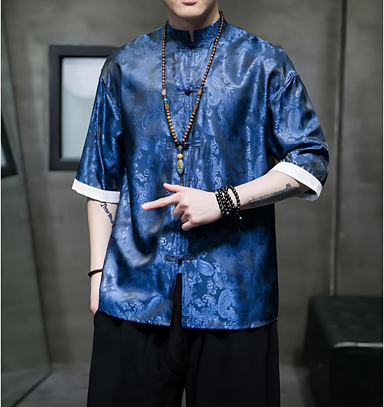 Men's Kung Fu Shirt,Traditional Chinese Hanfu Tang Suit Coat with Silk Printing,Half Sleeve Top for Casual Summer Outfits Blue