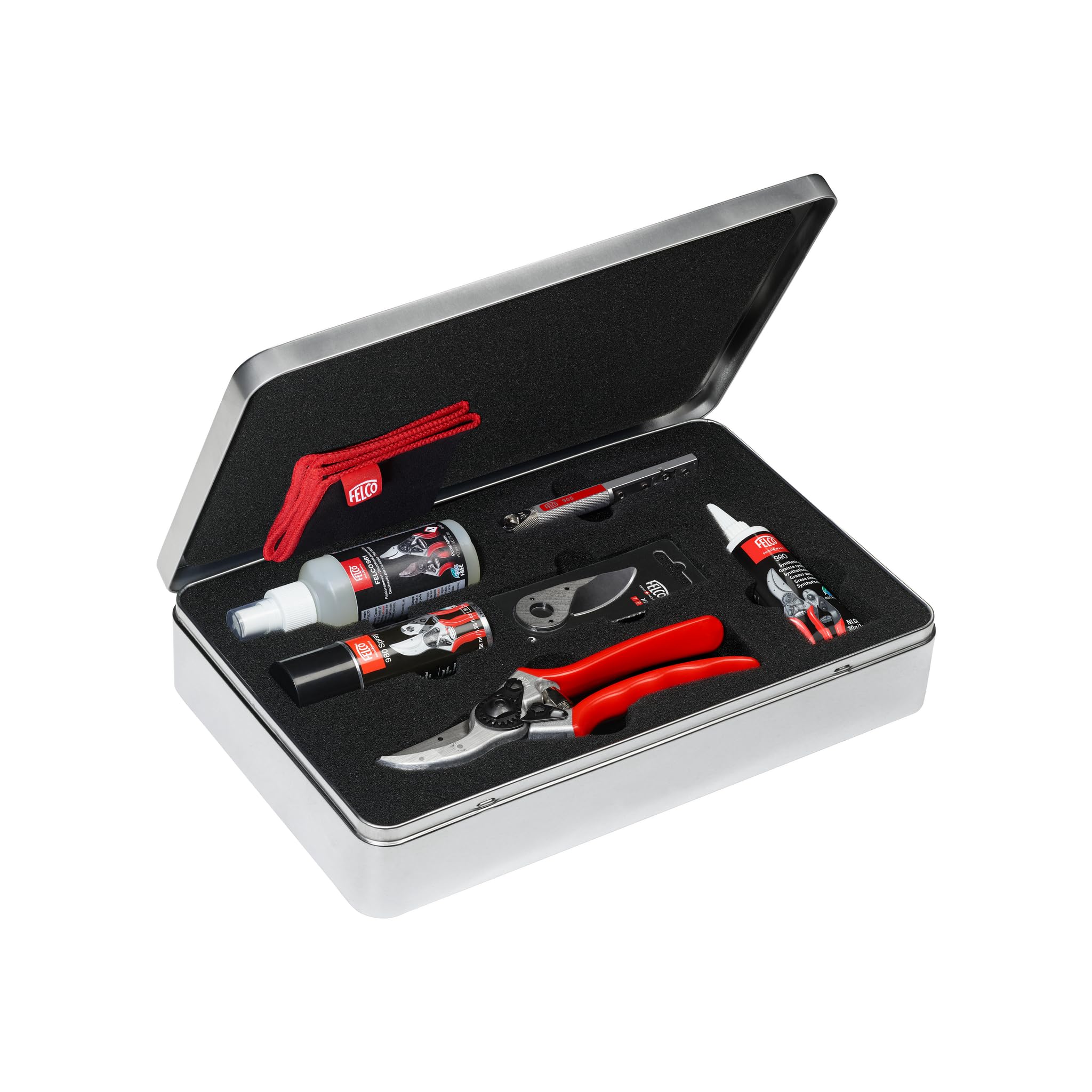FELCO 933 Wartungsset Gartenschere komplett mit FELCO 2, Ersatzklinge 2/3, Schärfer 905, Schmiermittel 980, Reiniger 981, Fett 990, Schlüssel 2/30 Reinigungstuch Schweiz