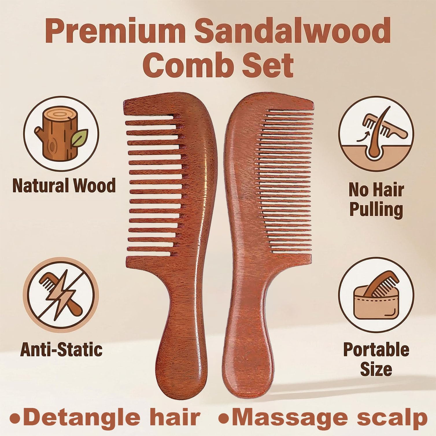 Handmade Sandalwood Fine Tooth Comb, Anti-Static Detangling Hair Comb for Mandala Crafts Wooden Comb - Green Sandalwood Horn Anti  main image 3