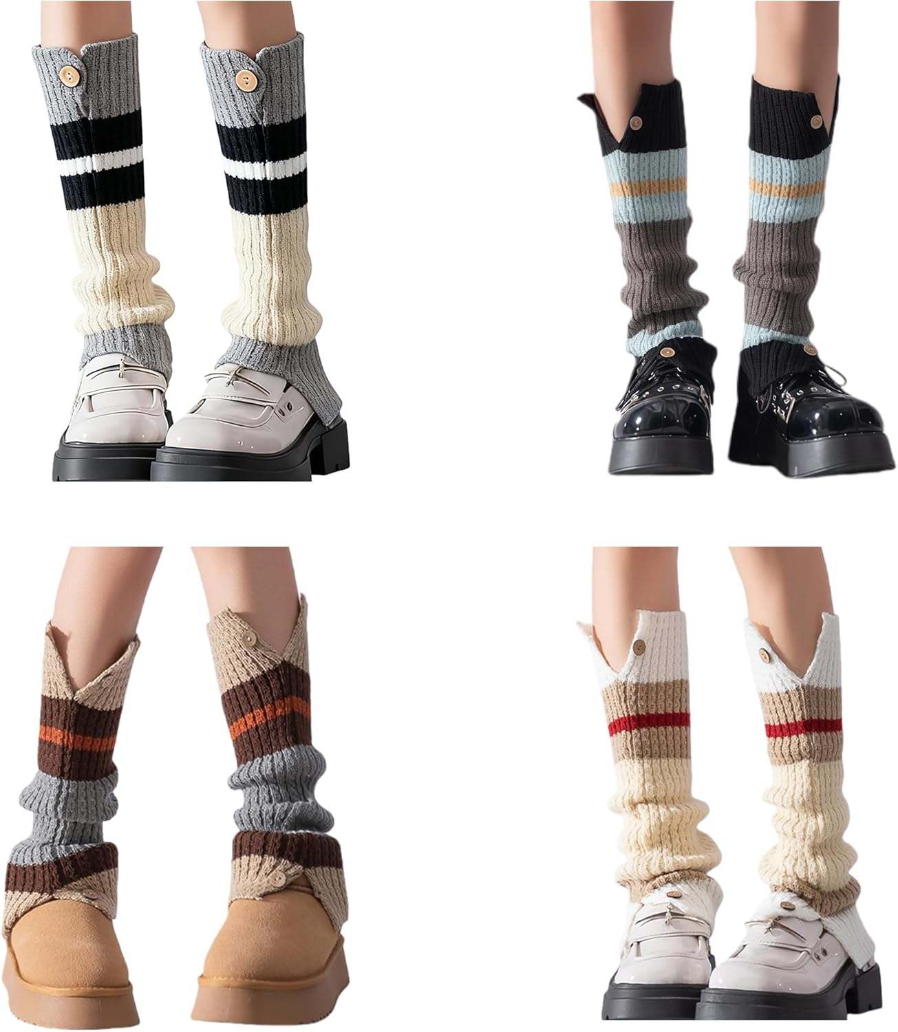 2/4 Pairs Women's Knitted Leg Warmers with Button, Striped Knit Sock Leggings for Winter Fashion & Warmth