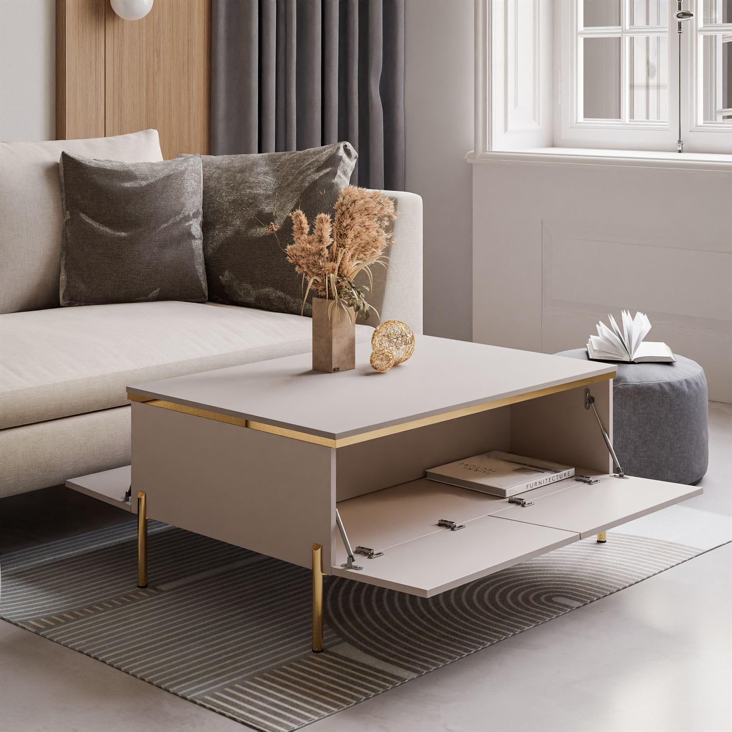 Lookway Couchtisch Aurora Kaschmir Matt mit Stauraum, auf goldenen Füßen und Goldener Dekorleiste – Modernes Wohnzimmermöbel (gerade Gold Chrom)