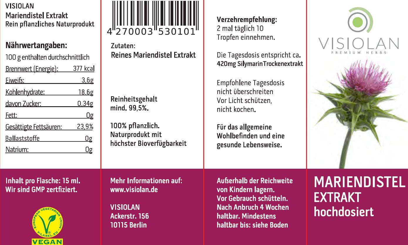 MARIENDISTEL EXTRAKT hochdosiert, 15ml, LIPOSOMAL | Reines Silymarin (mind. 99,5%) | Höchste Bioverfügbarkeit | VEGAN