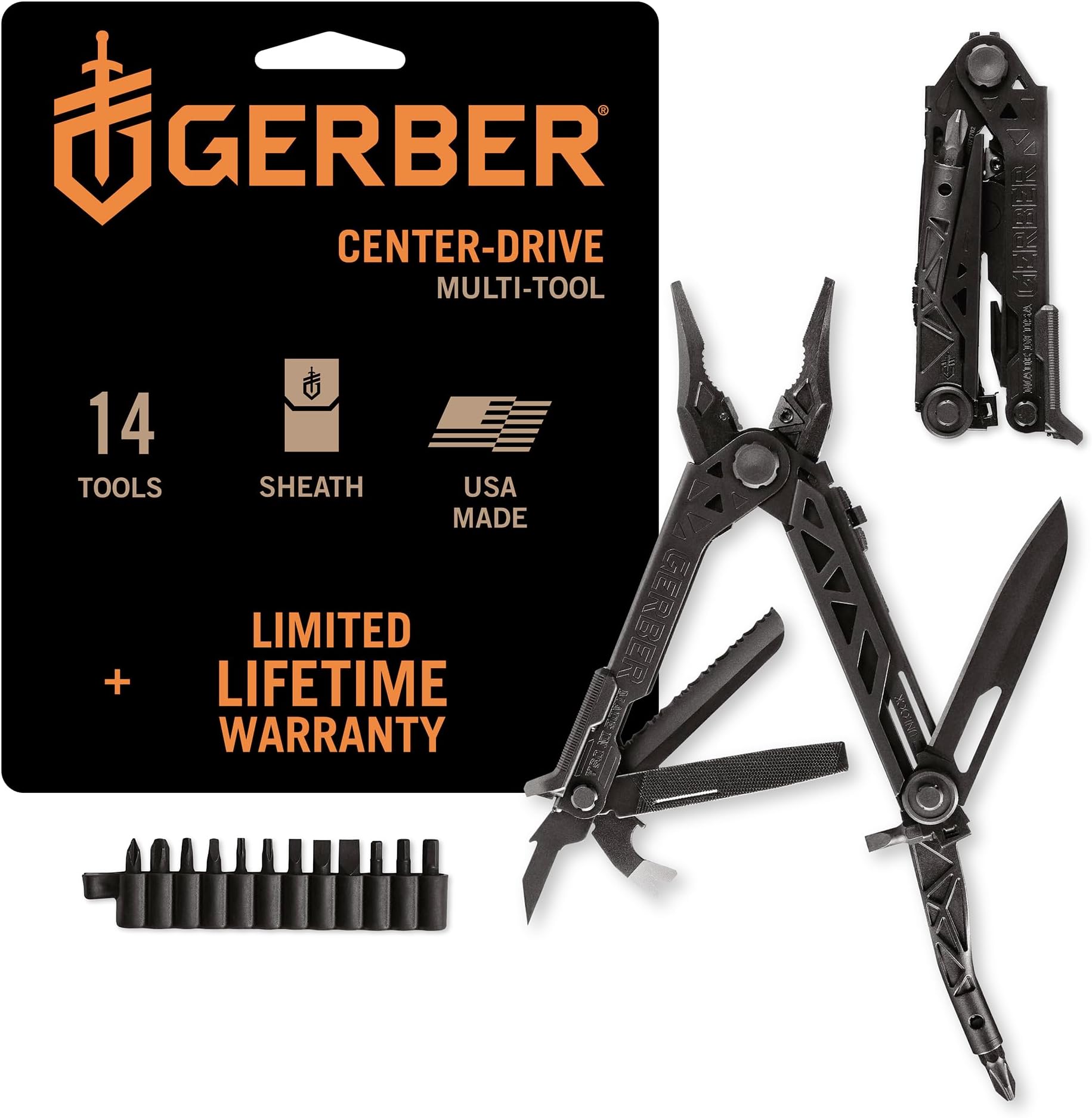 Gear Center-Drive Multitool - Includes 3.25" Plain Edge Knife, Needle Nose Pliers, Center-Axis Bit Driver, Wire Cutter, Pry Bar, Nail Puller - Comes with Bit Set & Sheath - Made in USA - Black