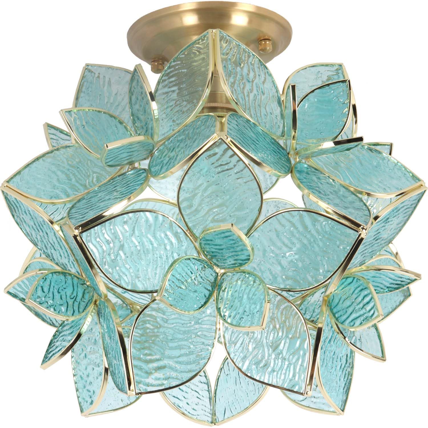 Bieye Flower Petals Tiffany Style Stained Glass Close to Ceiling Light for Home Decor (Light Blue, 12" Rose Lily)