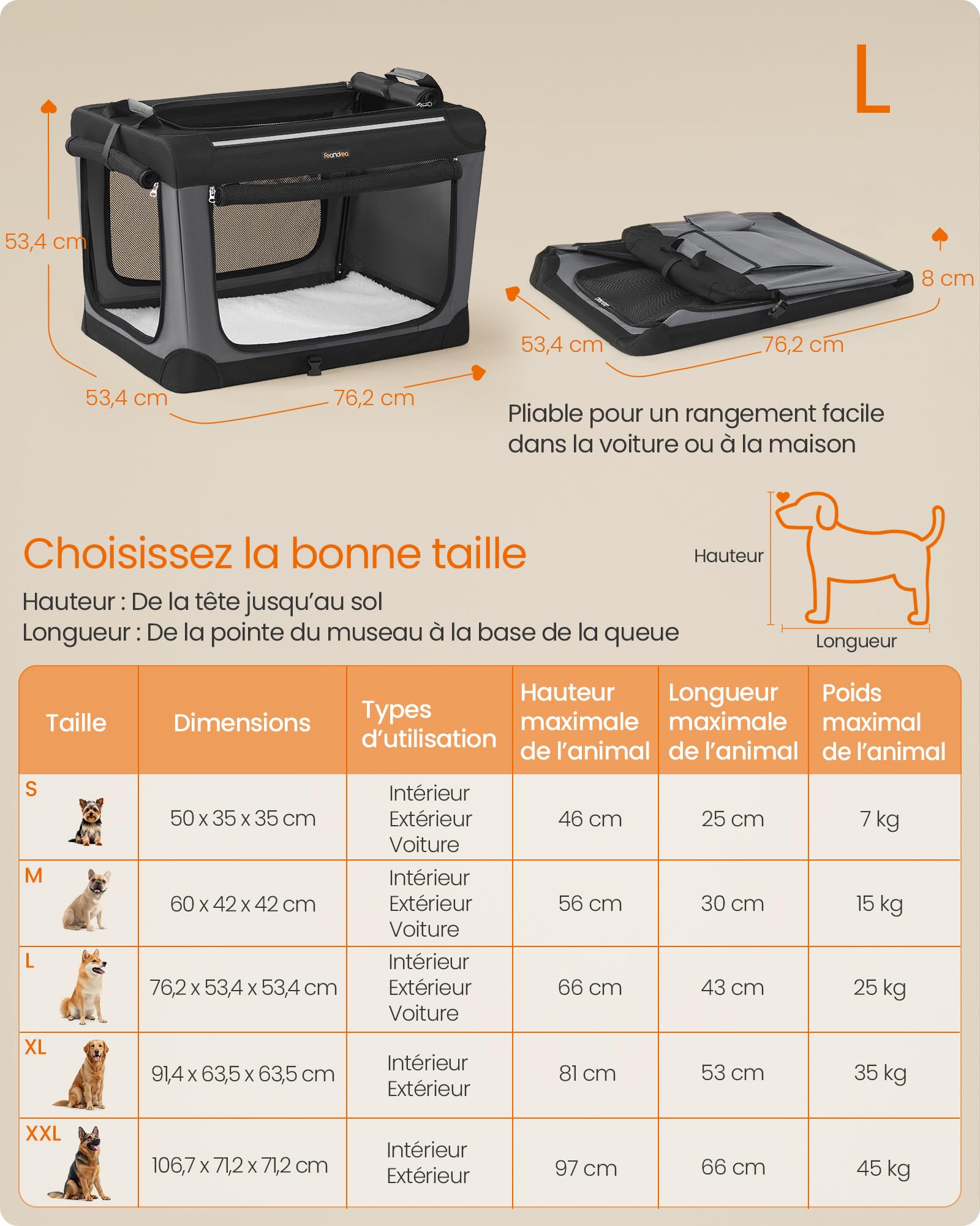 Feandrea Sac de Transport Chien, 76,2 cm Caisse Pliable Animaux de Compagnie, pour Chiens de Taille Moyenne, Tissu Oxford, Portes en Maille, Poignées, Poche de Rangement, Noir d'encre PDC017B01