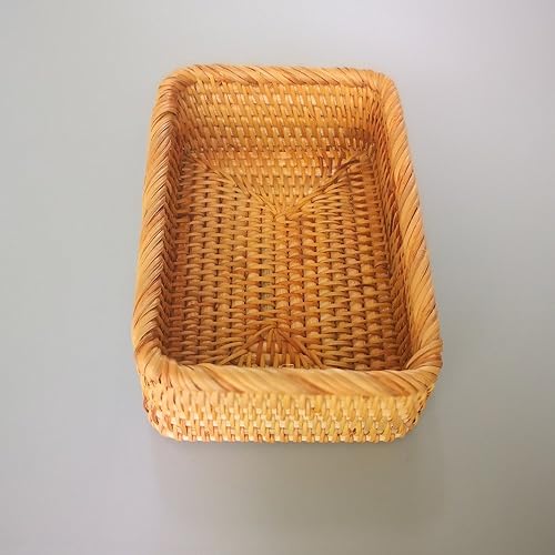 Miniatura 4 de Caja de frutas de mimbre rectangular hecha a mano, bandeja de ratán, organizador de revistas y objetos pequeños, cesta para servir (pequeña)