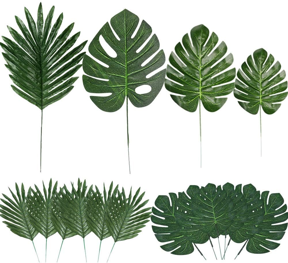 60 Pieces 4 Kinds Artificial Palm Leaves with Faux Stems Tropical Plant Leaves Monstera Leaves Safari Leaves for Hawaiian Luau Party Jungle Beach Table Leave Decorations