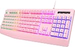 Gaming Keyboard, 7-Color Rainbow LED Backlit, 104 Keys Quiet Light Up with Wrist Rest, Multimedia Keys, Whisper Silent, 19 Anti-ghosting Keys, for PC Mac Xbox