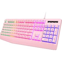 Pink Creamy Keyboard, Rainbow LED Backlight, 104 Keys Silent Light Up Gaming Keyboard with Wrist Rest, PBT Key Cap, Anti Ghosting, Waterproof USB Wired Computer Keyboard for PC Mac Xbox