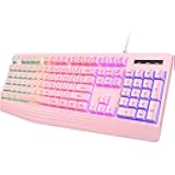 yesbeaut Pink Creamy Keyboard, Rainbow LED Backlit, 104 Keys Silent Light Up Gaming Keyboard with Wrist Rest, PBT Keycap, Anti-ghosting, Waterproof USB Wired Computer Keyboard for PC Mac Xbox