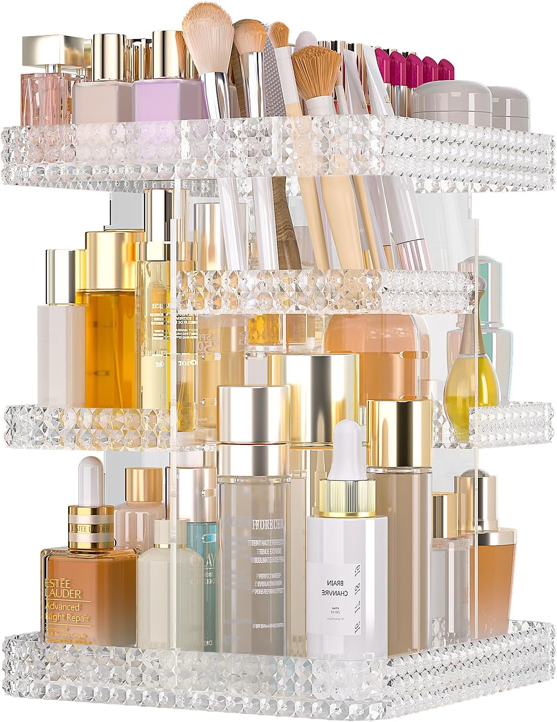 Rotating Makeup Organizer with Makeup Brush Holder, Large Capacity Perfume Organizer for Vanity Countertop, Acrylic Skincare Organizers Spinning Holder Storage Rack (Clear)