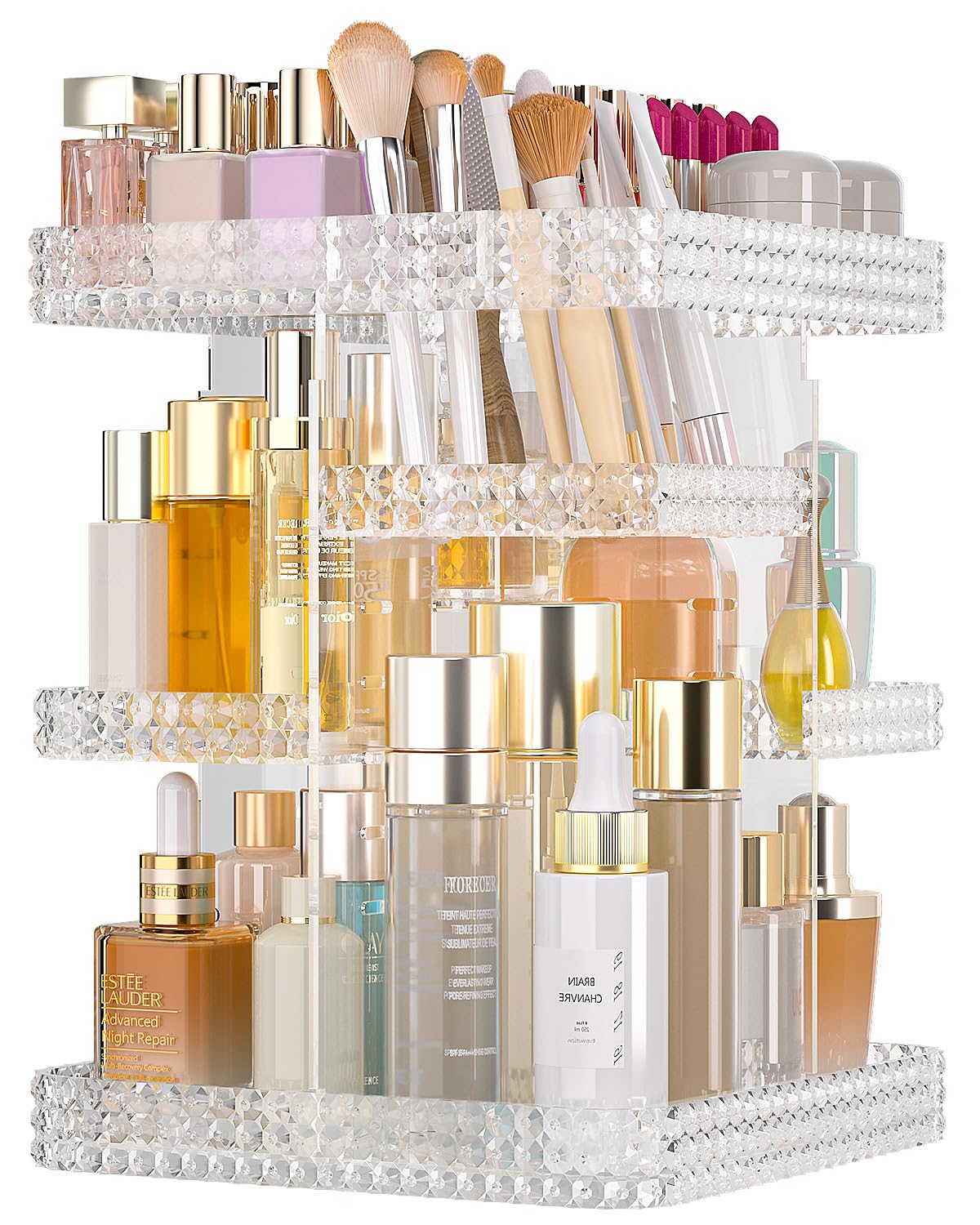 HEMTROY Rotating Makeup Organizer with Makeup Brush Holder, Large Capacity Perfume Organizer for Vanity Countertop, Acrylic Skincare Organizers Spinning Holder Storage Rack (Clear)