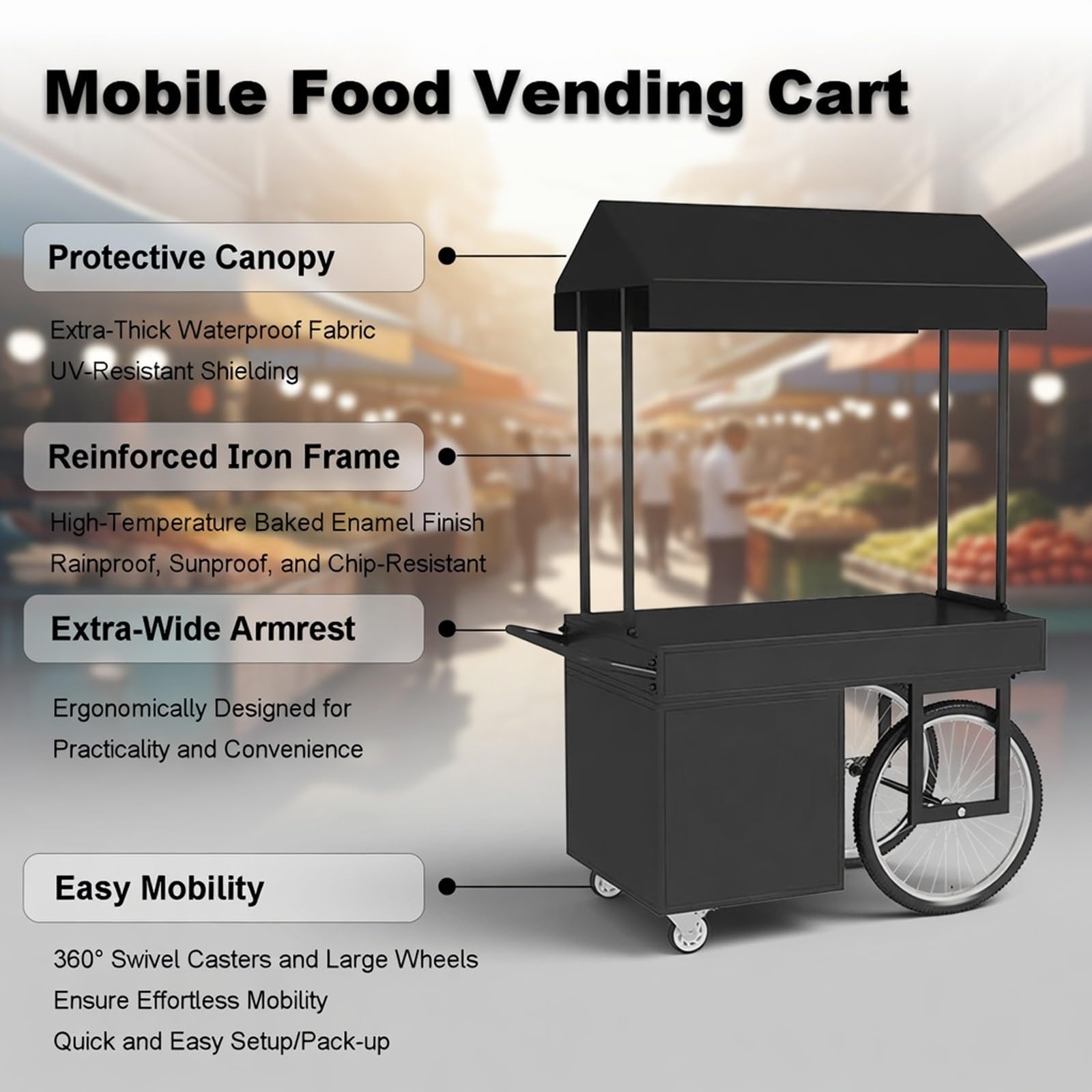 Gtzly Verkaufswagen mit Verdeck, Mobiler Marktstand & Verkaufsstand, Imbisswagen aus Eisen mit Abschließbaren Rädern für Märkte und Veranstaltungen(White,47in/120cm)