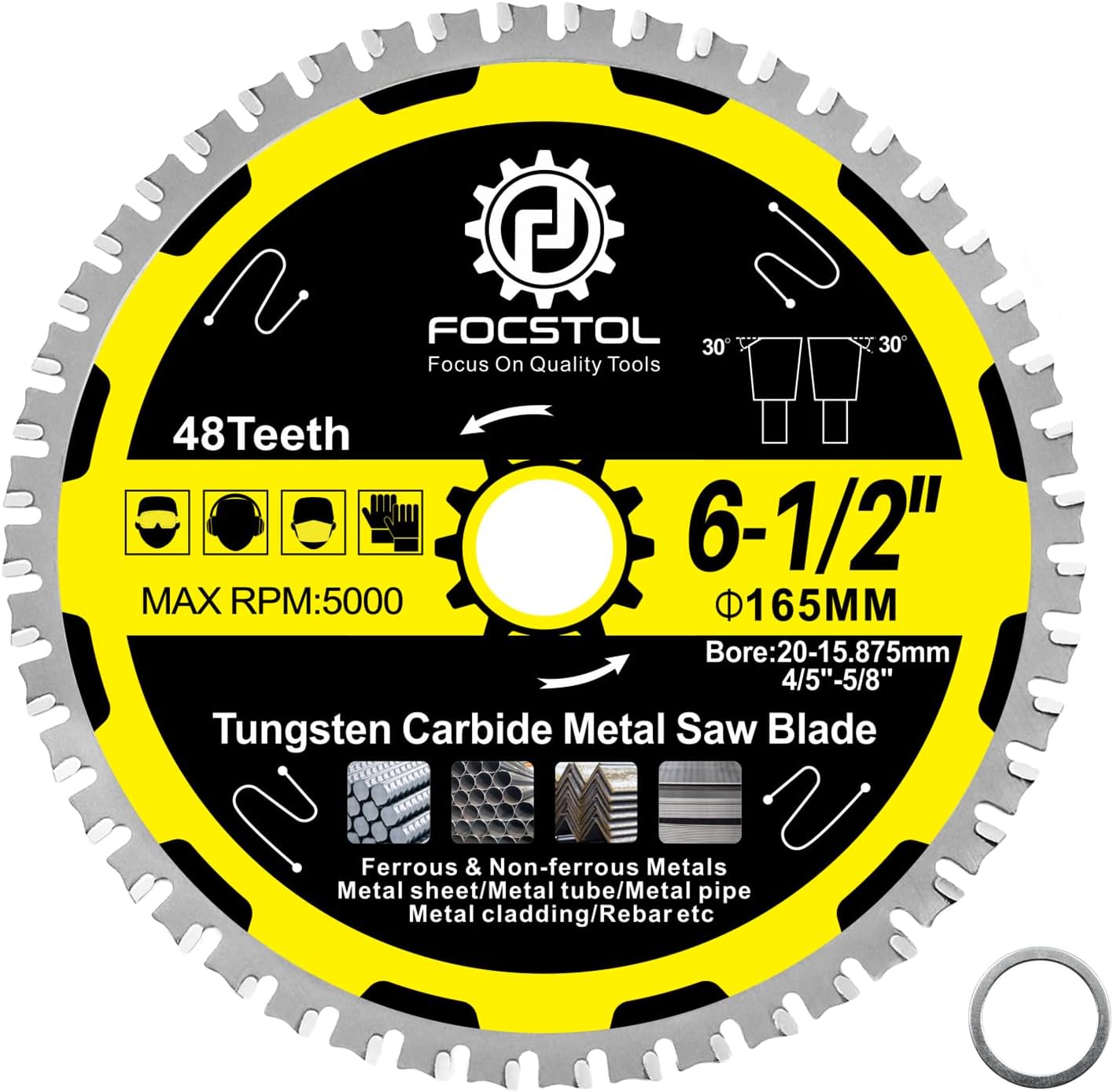 165mm Metal Cutting Circular Saw Blade - FOCSTOL Tungsten Carbide Tipped Saw Blade 48T for Steel Stainless Steel Ferrous Metals Steel Pipe Arbor 20mm x 15.875mm