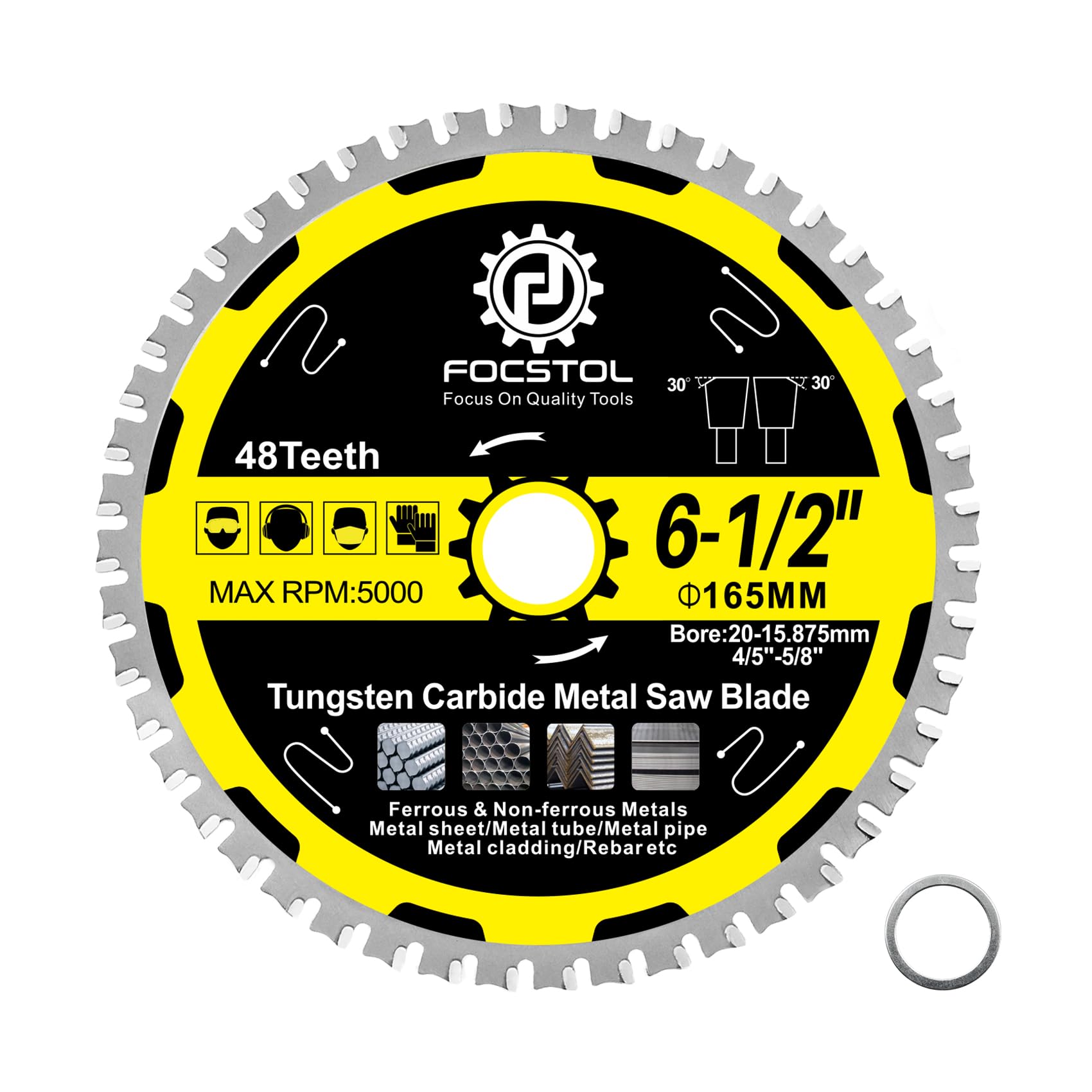165mm Metal Cutting Circular Saw Blade - FOCSTOL Tungsten Carbide Tipped Saw Blade 48T for Iron Ferrous Metals Steel Pipe Arbor 20mm x 15.875mm