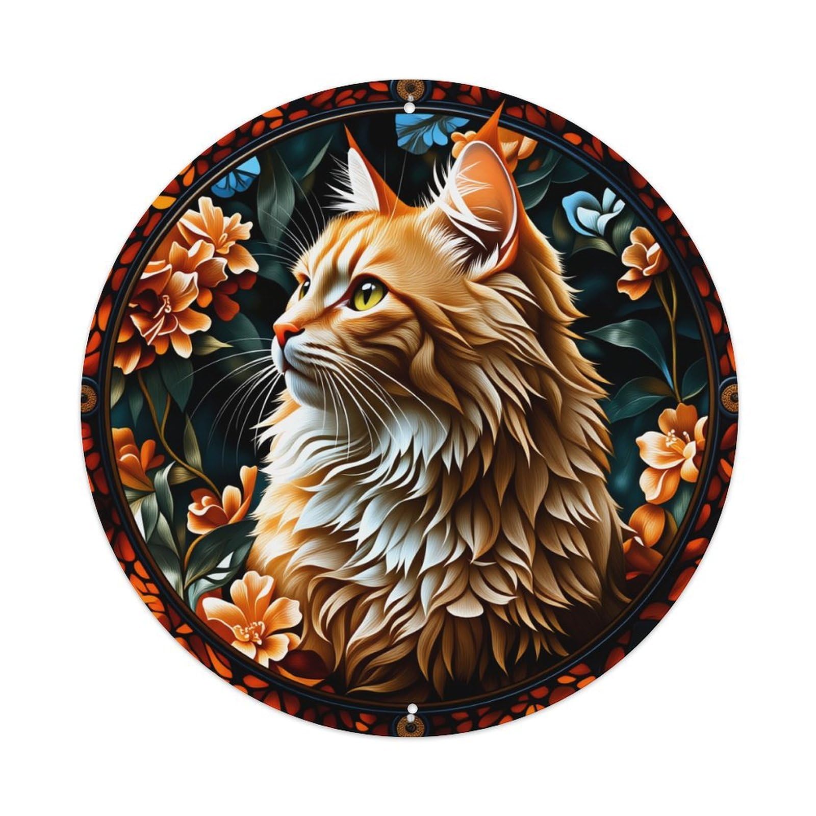Feline Portrait Floral Art Round Tin Sign Vintage Style Metal Sign Home Bar Garden Wall Plaque Decor Metal Poster 8x8 Inch