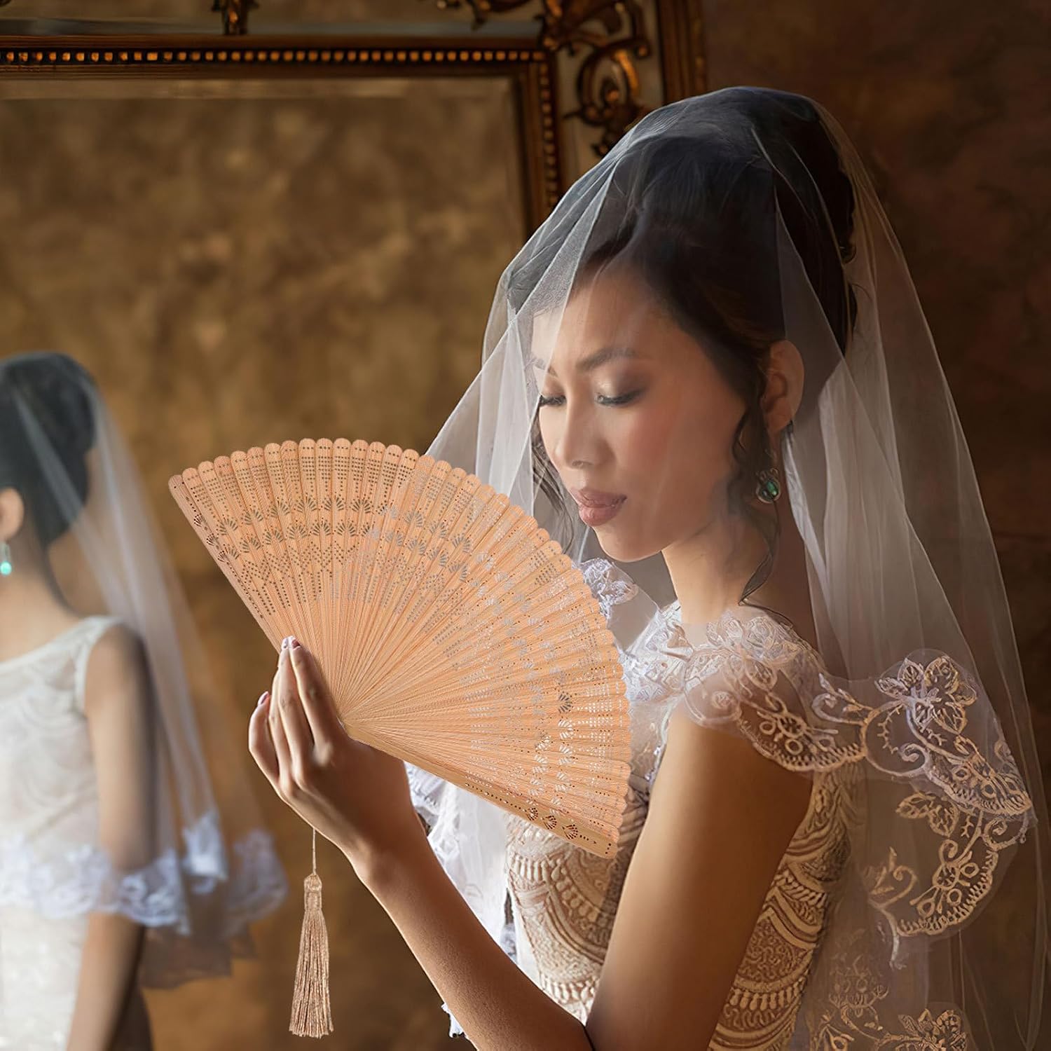 DOITOOL Bamboo Folding Hand Fan for Women Foldable Handheld Wooden Fans Small Vintage Chinese Accessory for Summer Cooling Wedding Dance