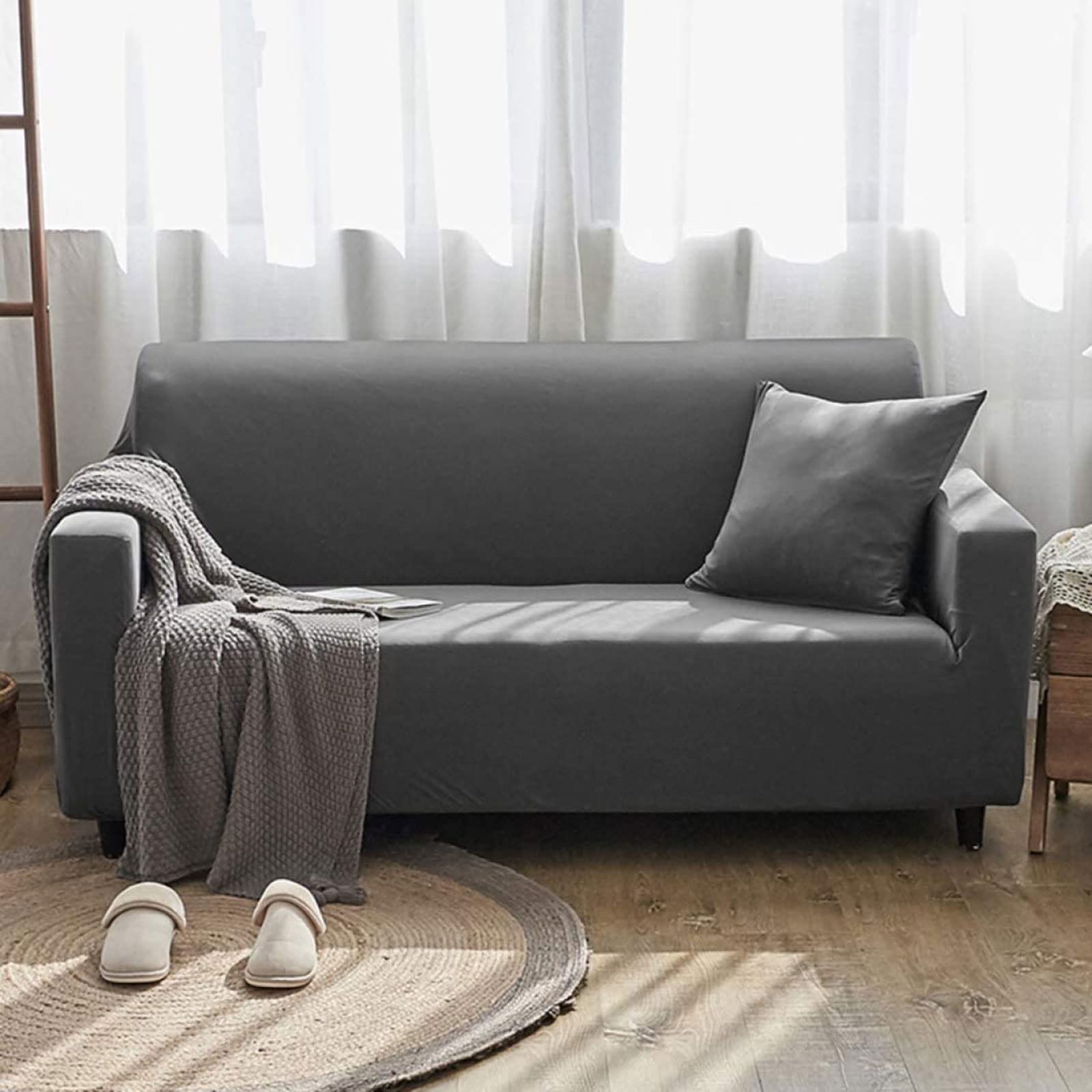 MGEMJMJ Decoration Cover Solid Color Sofa Covers For Living Room Elastic Corner Couch Cover Slipcover Protector 1/2/3/4 Seater Thick Soft(Size:4 Seat (235-300cm),Color:Grey)