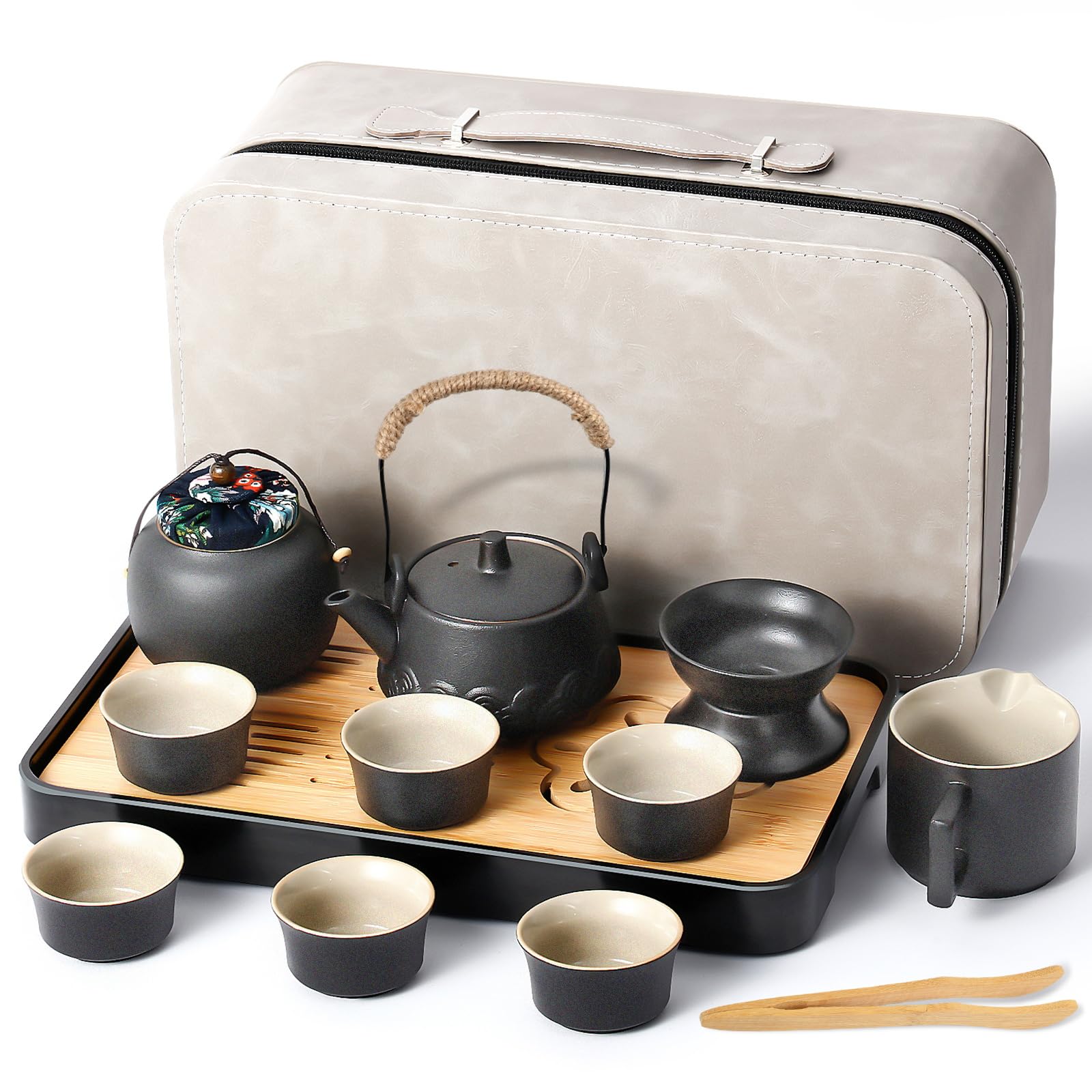 Yiyiring 13 Pcs Chinese Tea Set Gongfu Tea Set Portable Ceramic Asian Tea Set for Adults with Teapot Grey Leather Case Bag Travel Tea Set Gift for Home, Outdoor, Teacher Graduation Ceremony Gifts