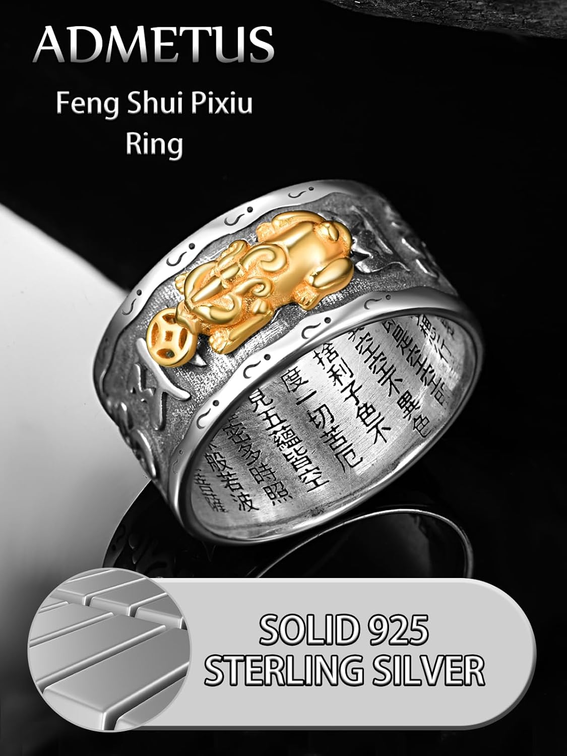 ADMETUS 925 Sterling Silver Feng Shui Rings Lucky Pixiu Band Rings for Men Fengshui Ring Jewelry Gifts for Men Rings Size 7-13 - Image 4