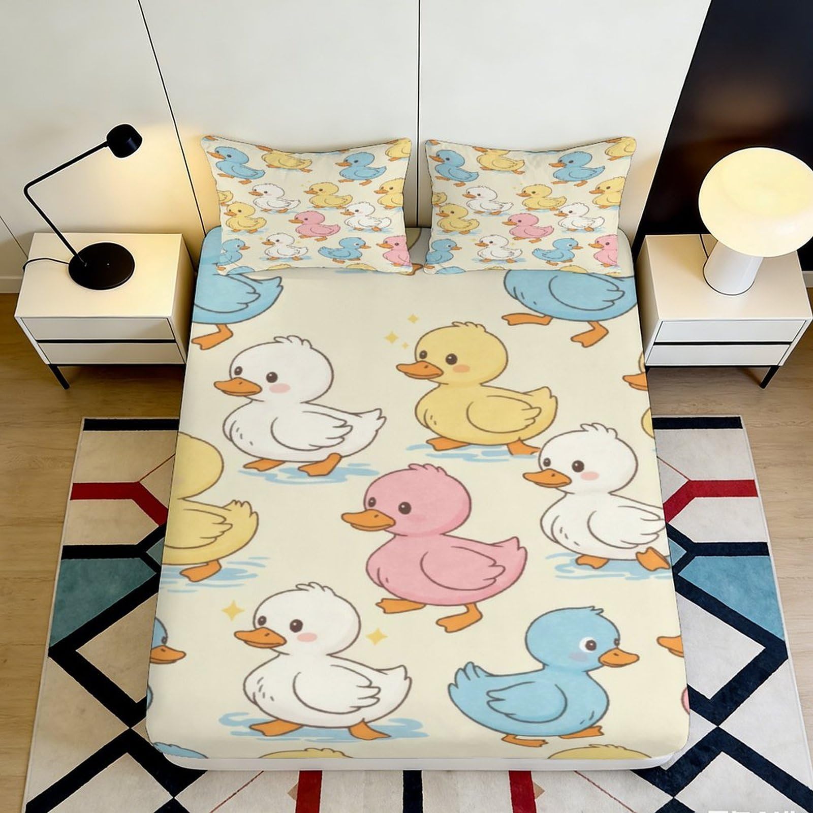 Dhbaneiok Style-4 3D Printed Cute Duck Fitted Sheet Microfiber Soft Cartoon Colorful Duckling Mattress Cover Bedroom Dorm Decor 90X200x25cm