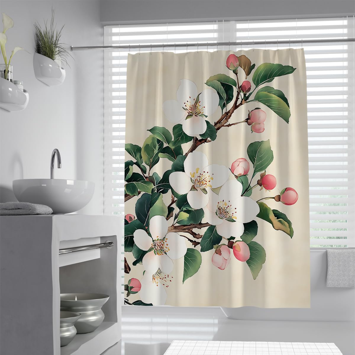 UIRINGART Japanese Plum Blossom Magnolia Tree Branch Shower Curtain W180xL220cm Retro Cream Floral Botanical Leaves Polyester Waterproof Mildew Resistant Bath Decor With Hooks