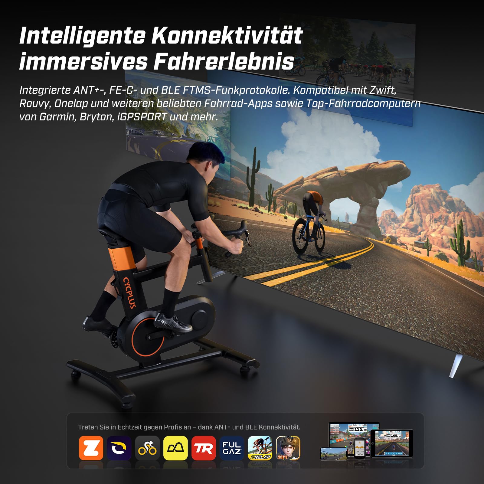 CYCPLUS T7 Smart Fahrradtrainer, 2200W Motor, 20% Steigungssimulation | Platzsparendes Design, bürstenloser Motor, BLE & ANT+ Dual-Modus, Virtuelles Schalten, Bergauf-/Bergab-Simulation