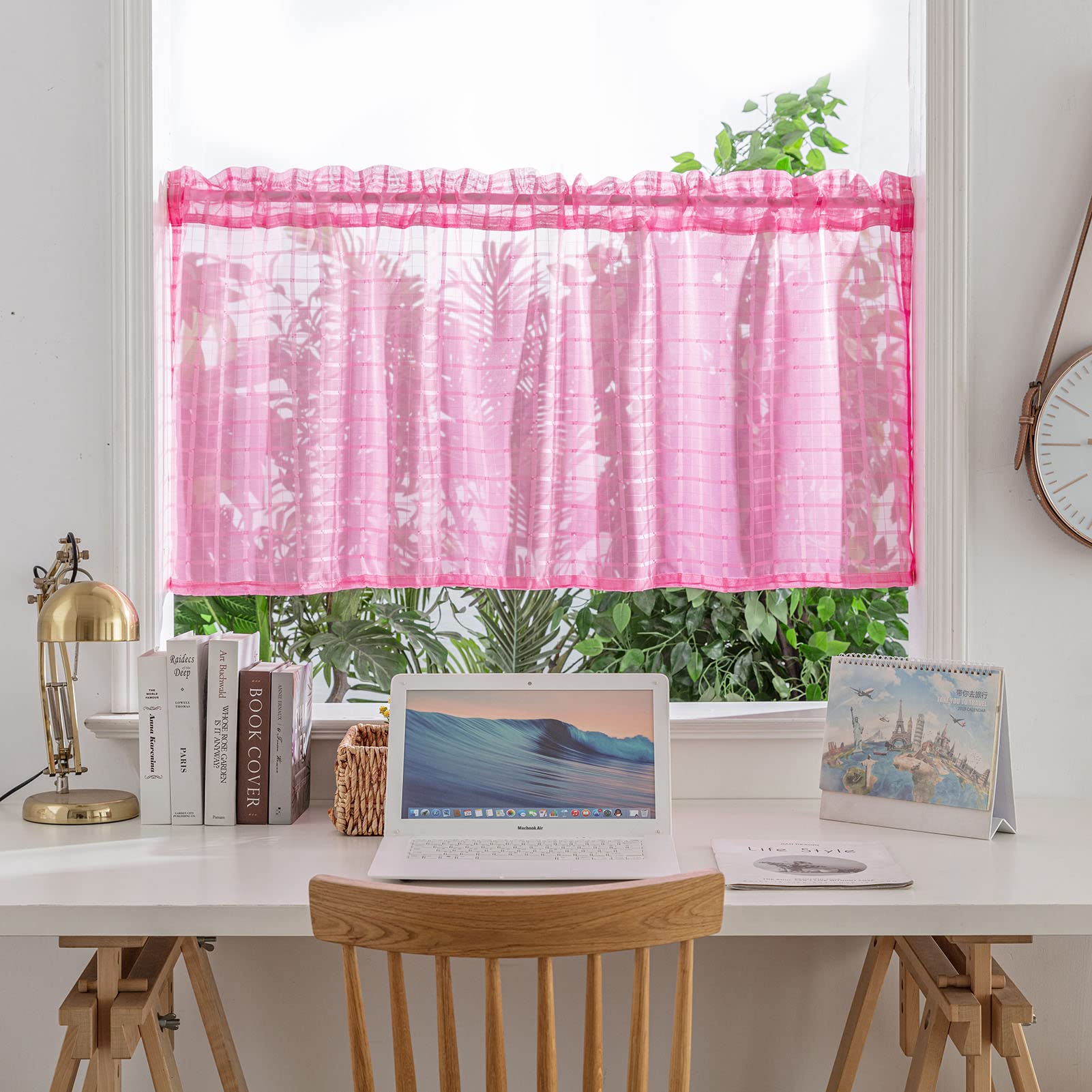 BOYOUTH Plaid Pattern Sheer Short Curtains,Solid Color Rod Pockets Small Window Valance for Kitchen,Cafe,Bathroom,39 Inches by 24 Inches,Rose Red,1 Panel