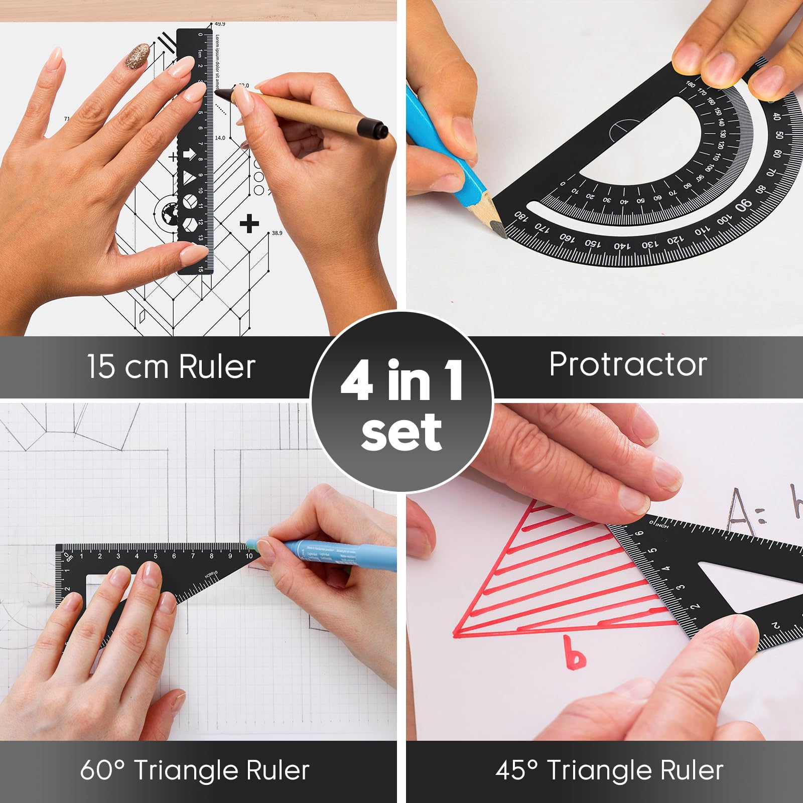 Set Di 4 Righelli In Alluminio Per Geometria: Righello, Triangoli E Goniometro Professionali Per Studenti E Ingegneri - 2