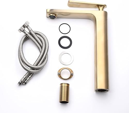 Miniatura 7 de Combo de grifo de fregadero y drenaje dorado cepillado, grifo de baño alto de un solo mango, un agujero, grifo mezclador con drenaje desplegable sin