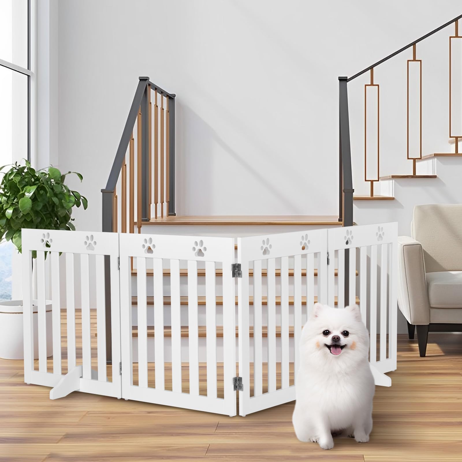 RELAX4LIFE Schutzgitter faltbar, Absperrgitter 3/4 Teile, Hundegitter Hundespur-Design, für Kinder Hunde Tiere, Sicherheitsgitter 360° drehbar, Gitter für Treppe Balkon Kamin Tür (4 Teilig, Weiß)