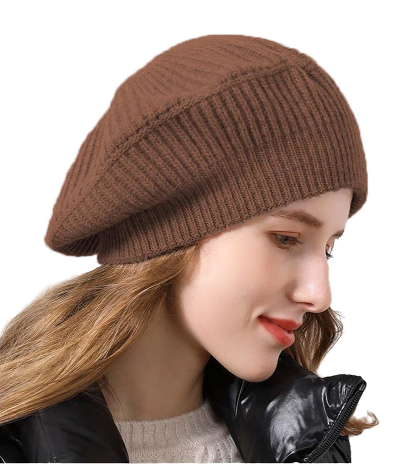 Kaschmir-Mütze, Damen, Winter, warm, Merinowolle, gestrickt, übergroß, Beige