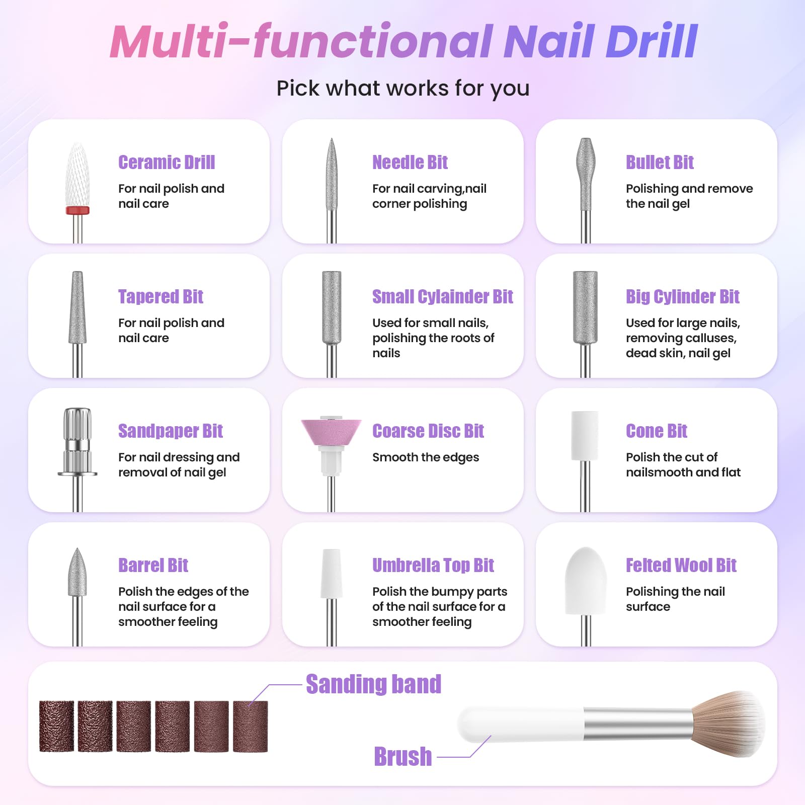 PKBD Elektrische Nagelfeile mit Ladestation, Kabellos Nagelfräser Set 20.000 U/min, 12 in 1 Profi Maniküre und Pediküreset, Nagelfräser Für Gelnägel & Acrylnägel, Nagelformen, Entfernen der Hornität