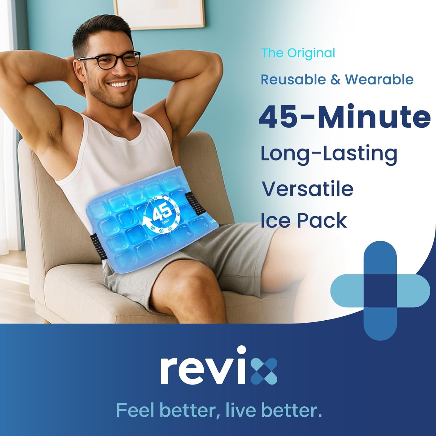 REVIX Large Ice Packs for Injuries Reusable (16 × 9") with Elastic Strap, 45-Minute Long-Lasting Cold Therapy with Ice Grid Gel Design, Multi-Purpose Flexible Gel Cold Pack for Knee, Shoulder, Back