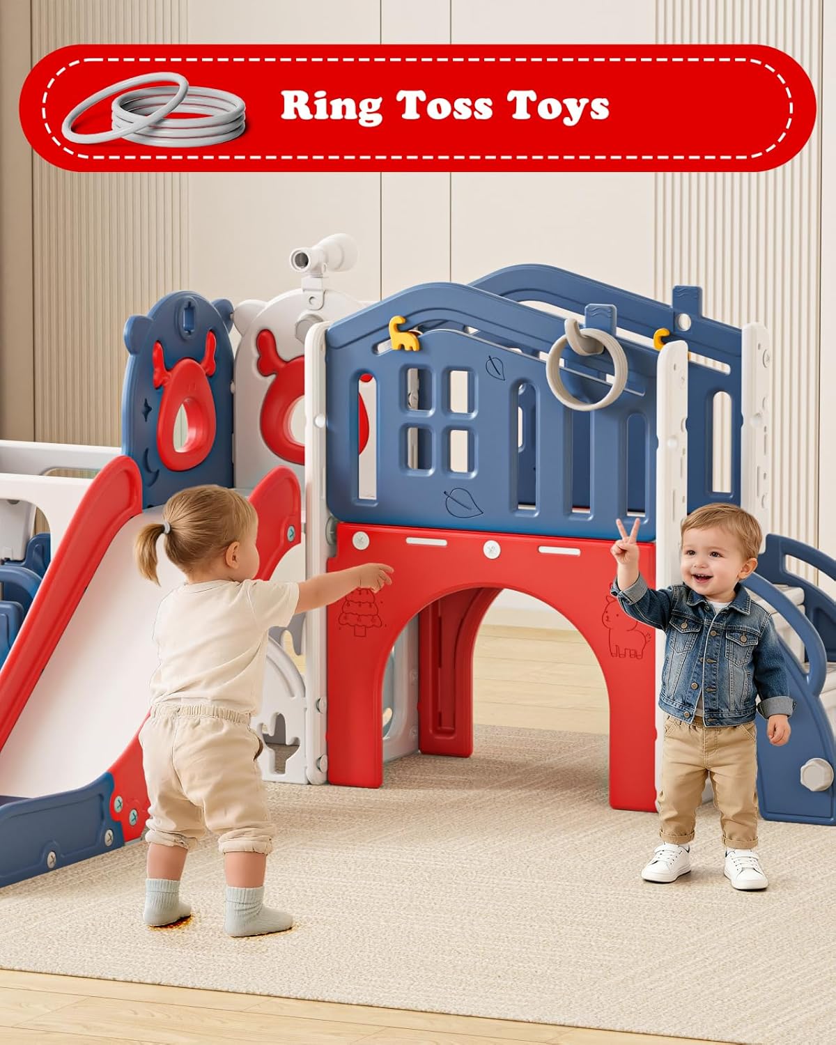 XJD 10 in 1 Toddler Slide, Kids Slide for Toddlers 1-3, Toddler Play Climber Slide Playset with Basketball Hoop and Ball,Toddlers Outdoor Indoor Playground (Blue Red, Large)