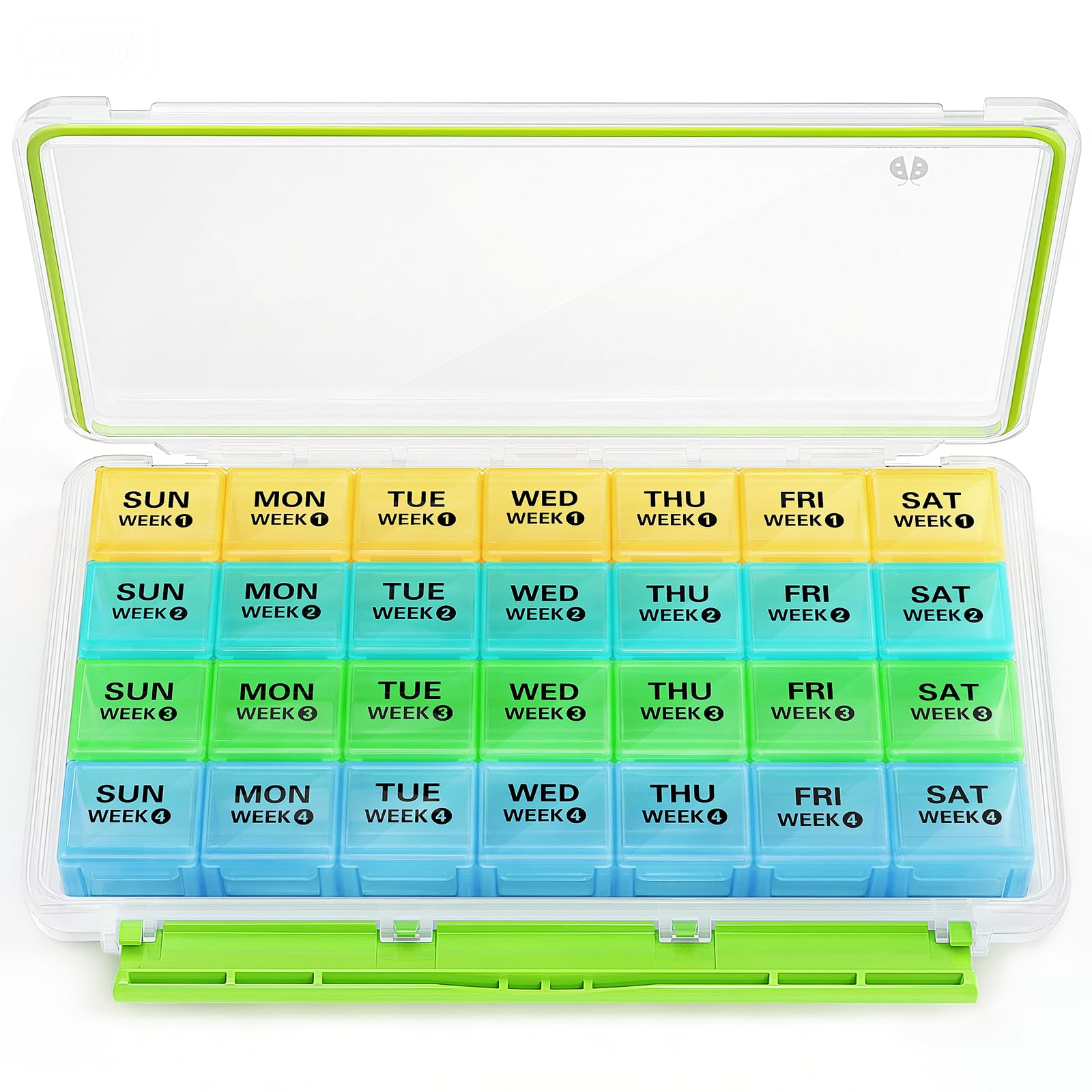 BUG HULL Monthly Pill Organizer, Moisture-Proof Large 28 Days Pill Box with Removable 4 Weeks Pill Case Rows, Medicine Pill Organizer, Travel Pills Organizer with One Month Pill Container for Vitamin