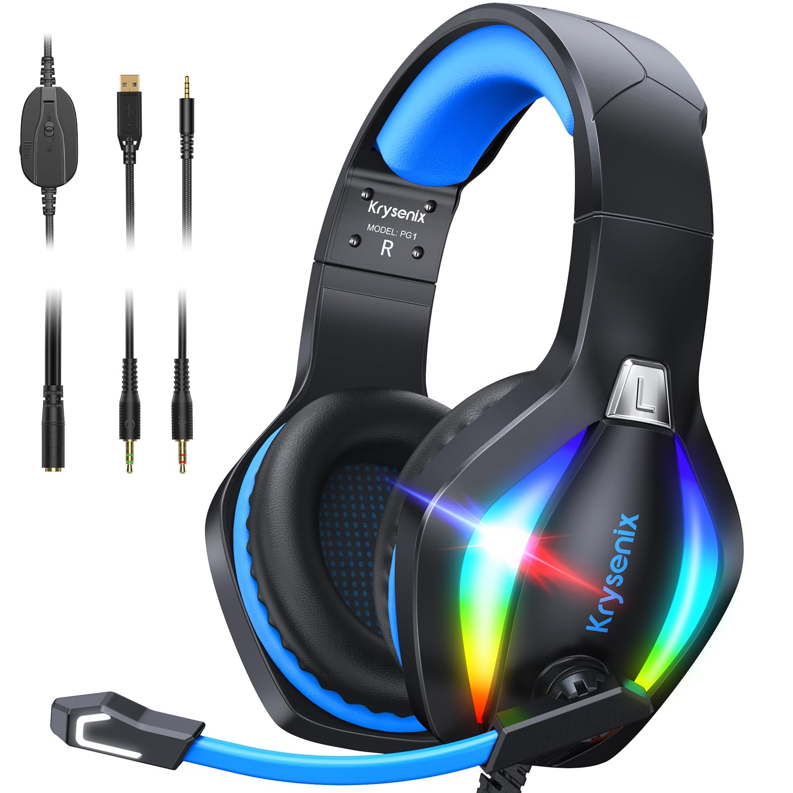 PG1 Gaming Headset for PS4/PS5/PC/Nintendo Switch/Xbox, Xbox One Headset with AI Stereo Microphone Sound, Computer Headset with 3.5mm Jack & RGB Light Black+Blue