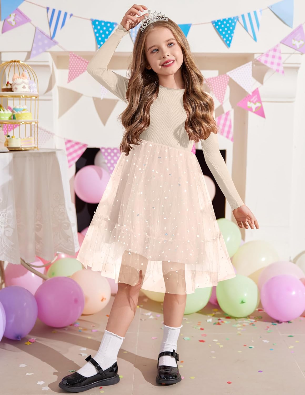 Arshiner Toddler Girl Tutu Dress Fall Winter Long Sleeve Star Sequin Holiday Party Tulle Dresses 2-6Y - Image 6