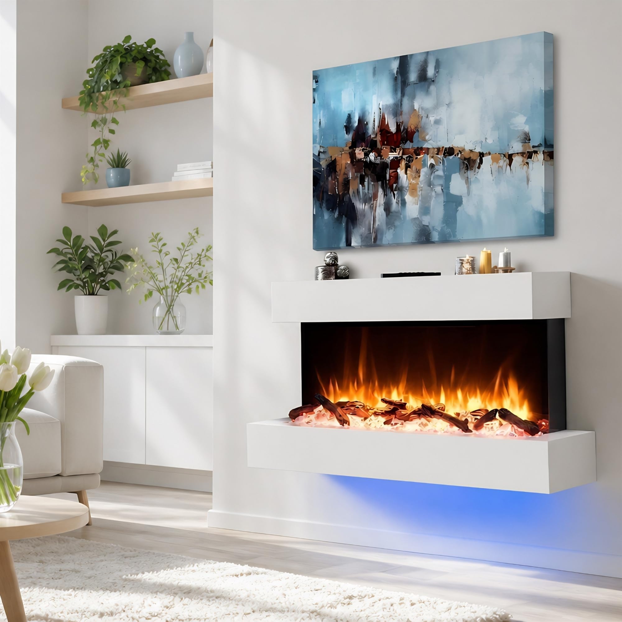 Endeavour Fires - Runswick - Camino elettrico da parete, 220/240VAC, 50 Hz, 1 e 2 kW, con telecomando multi funzione e luce bianca avorio, cornice del camino e battiscopa in fibra a media densità