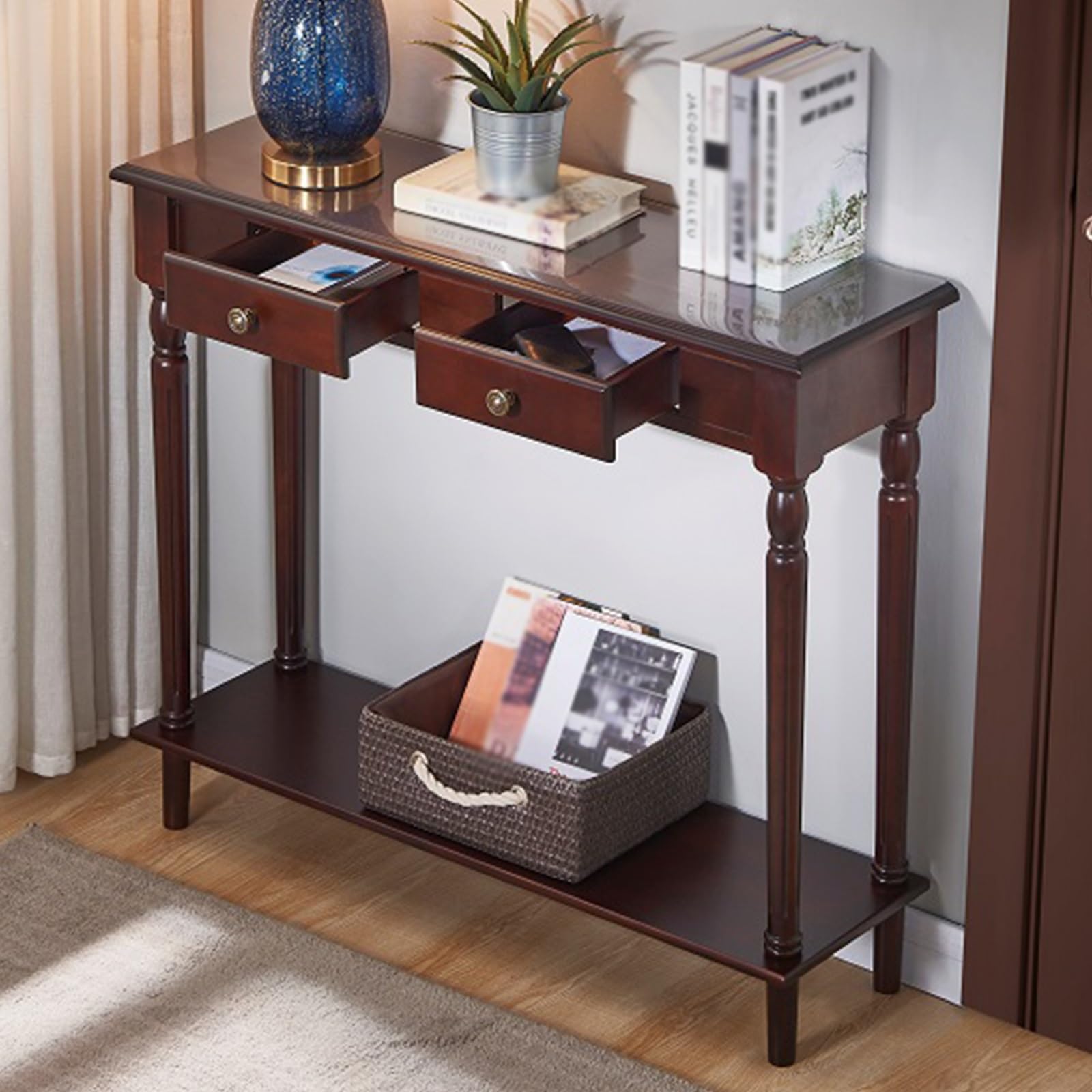 Consola Entrada Larga, Mesa Consola Rectangular de Madera para Sofá con Dos Cajones, Elegante Mueble Recibidor para Entrada, Recibidor, Pasillo y Sala de Estar(Brown)