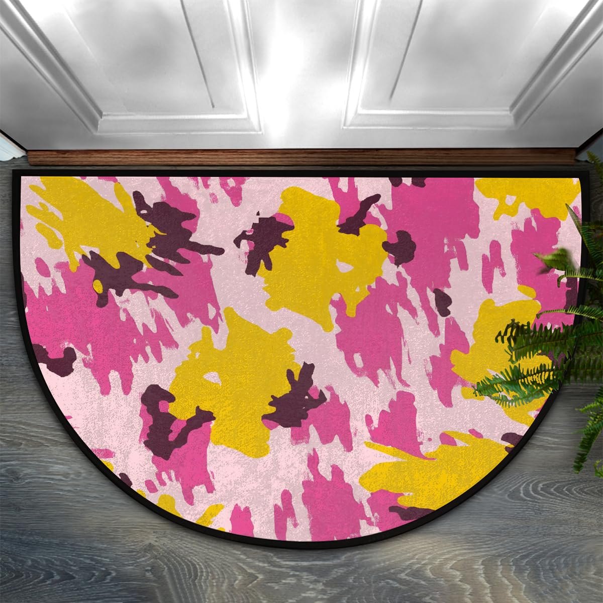 Mexpekil Semi Circle Door Mat, Pink Yellow Print Non-Slip Half Moon Entrance Rug, Washable Front Welcome Mat for Indoor Outdoor Kitchen Bedroom Patio