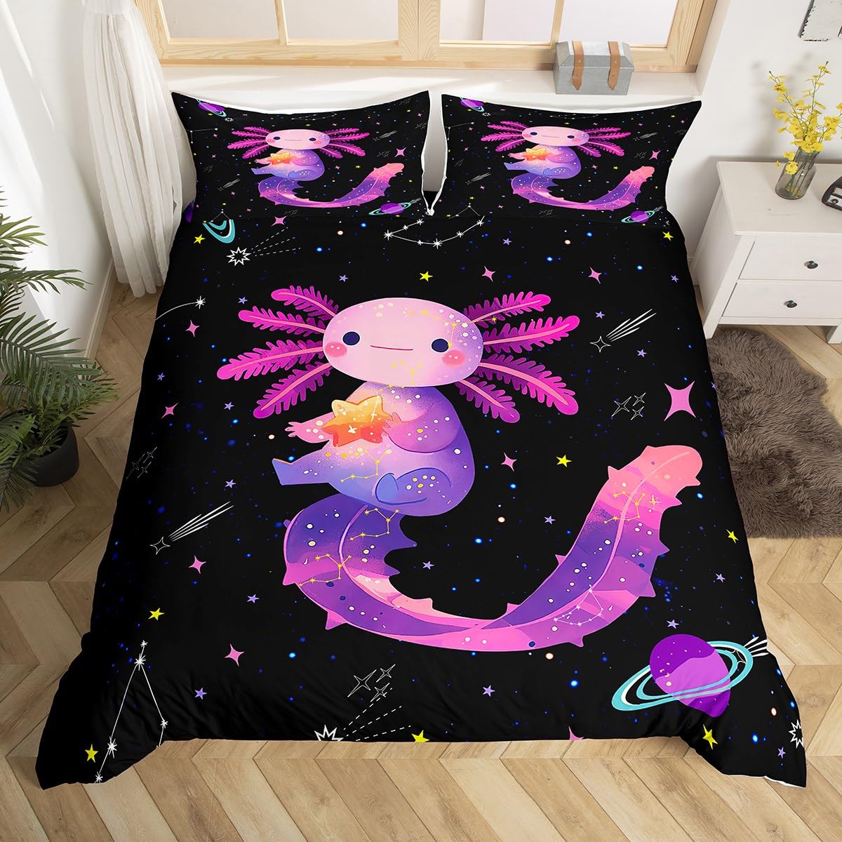 Homemissing Cute Axolotl Duvet Cover Set Single Size For Kids Boys Girls Teens Cartoon Salamander Bedding Set Outer Space Galaxy Duvet Cover with 1 Pillowcase โ image 1
