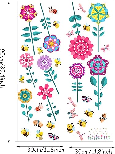 Miniatura 7 de Calcomanías de pared de flores, diseño de mariposa, abeja, libélula, despegar y pegar, decoración de pared floral para habitación de niños,