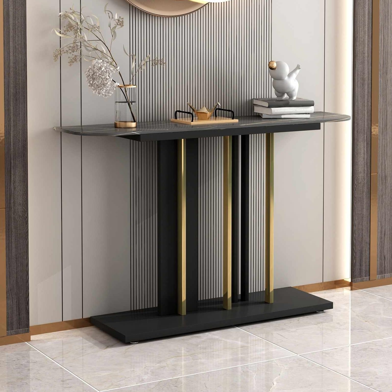 Mesa de entrada moderna negra para decorar recibidores pequeños y modernos