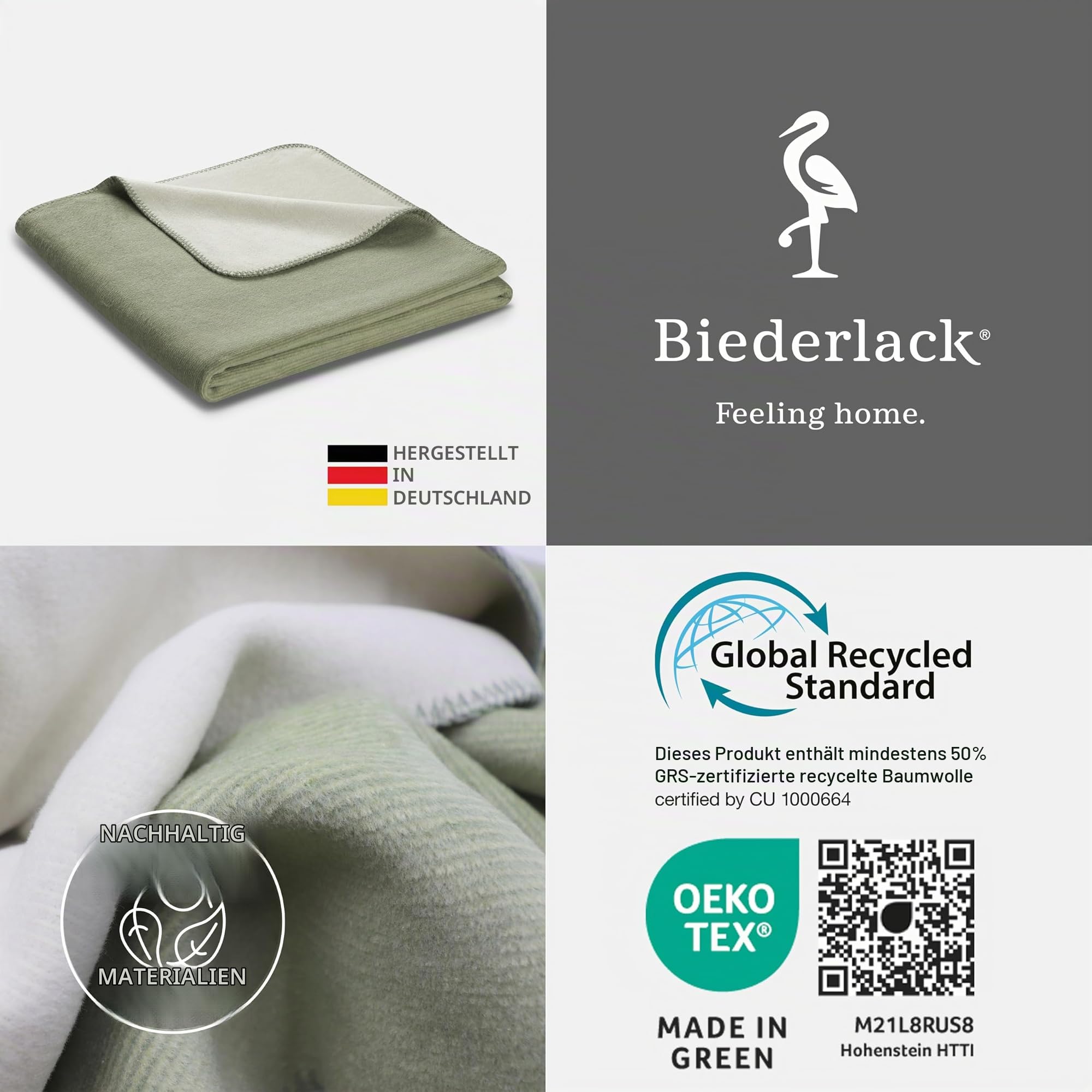 biederlack® Wohndecke Double Optic Salbei-Natur, Sofa-Decke in 150x200 cm | Made in Germany, weiche Kuscheldecke aus Baumwolle und Polyacryl, helle Couch-Decke in Melange-Optik, OEKO-TEX Made in Green
