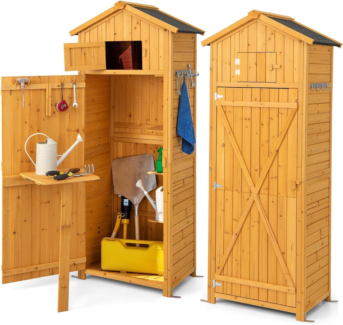 RELAX4LIFE Cobertizo de Madera con Techo a 2 Aguas de Asfalto, Armario de Jardín con 8 Ganchos, 3 Estantes Extraíbles y Mesa Plegable para Herramientas de Jardinería (Natural)
