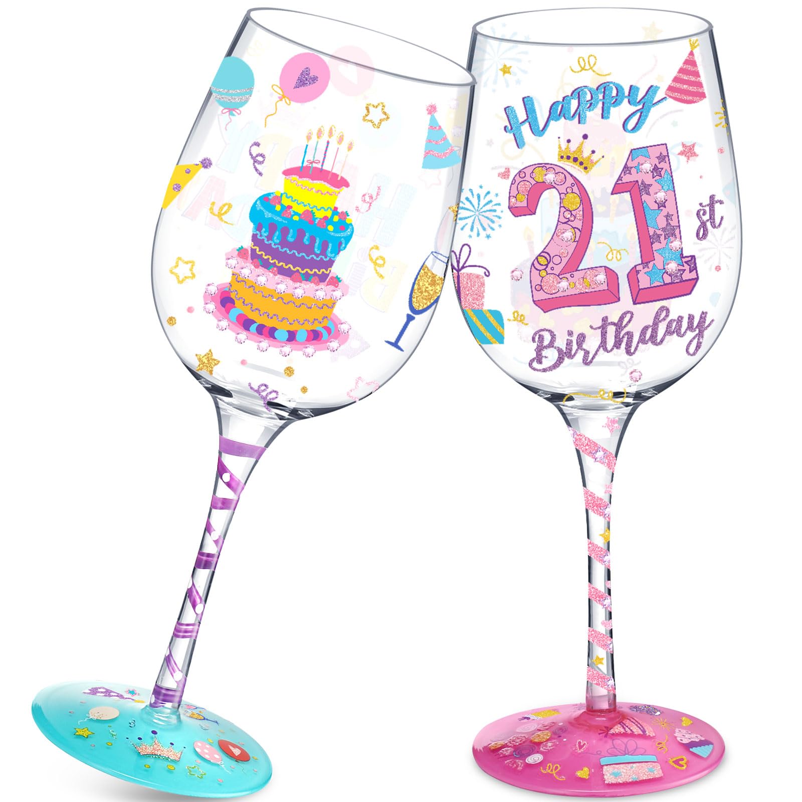 Nitial Hand-painted Wine Glass 21st Birthday Gifts for Her Artisan Painted 15oz Personalised Gift 21st Happy Birthday Cups