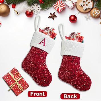 23cm Personalized Christmas Letters Stockings Red Initial Monogram Embroidered Stocking with Glitter Xmas Stockings Hanging Ornament Tree Fireplace Holiday Decorations for Christmas,S