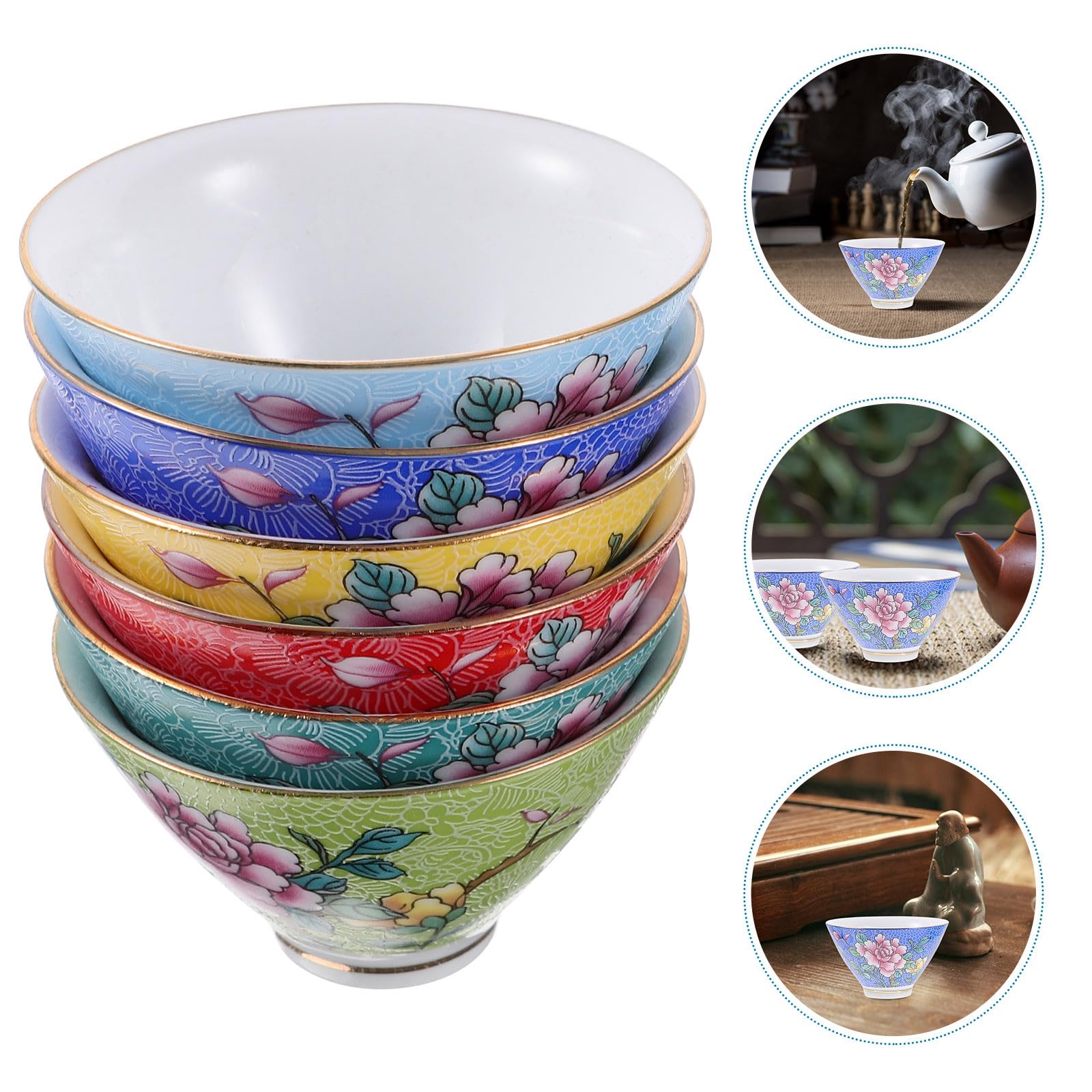 ABOOFAN Juego de 6 Tazas de Té de Cerámica China Pequeñas Diseño Retro Boca Redondeada Multiuso para Fiesta de Té