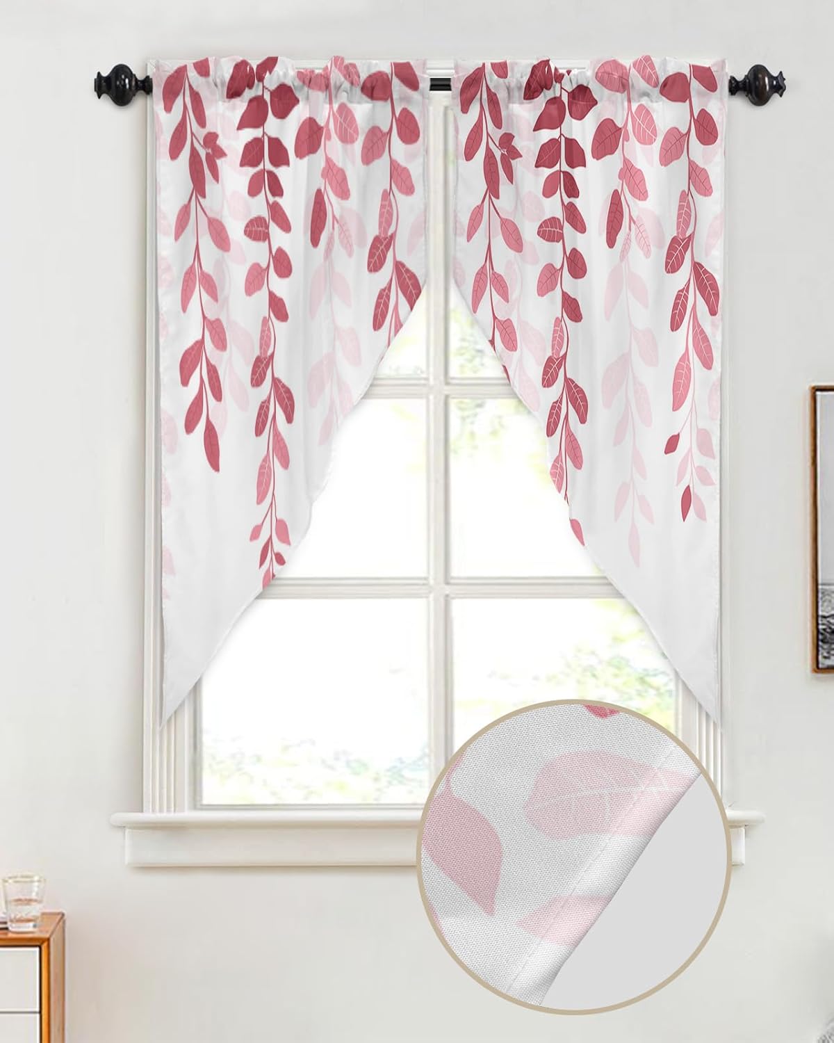 Leaf Swag Curtains, Privacy Sheer Curtains Window Treatment Valances Light Filtering Voile Panels for Bedroom/Kitchen/Farmhouse 2 Pcs, Farmhouse Plants Leaves Pink Gradient Watercolor